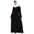 Zipper Front open pleated abaya with lace work- Black